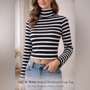 rag & bone Navy and White Striped Turtleneck Crop Top fitted stretch knit XS